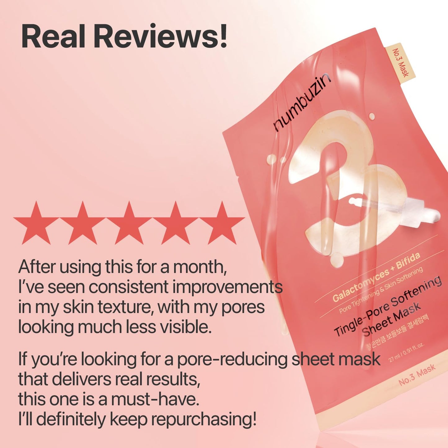 numbuzin No.3 Sheet Mask – Tingle-Pore Softening, Pore-Minimizing Hydration (5 Sheets)