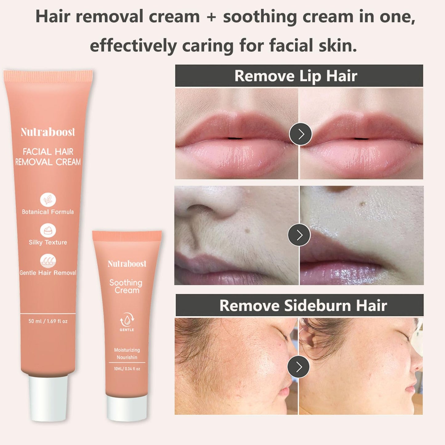 Nutraboost Women's Facial Hair Removal Cream — 4 Min, 7 Days Smooth | 2-in-1 with Soothing Cream