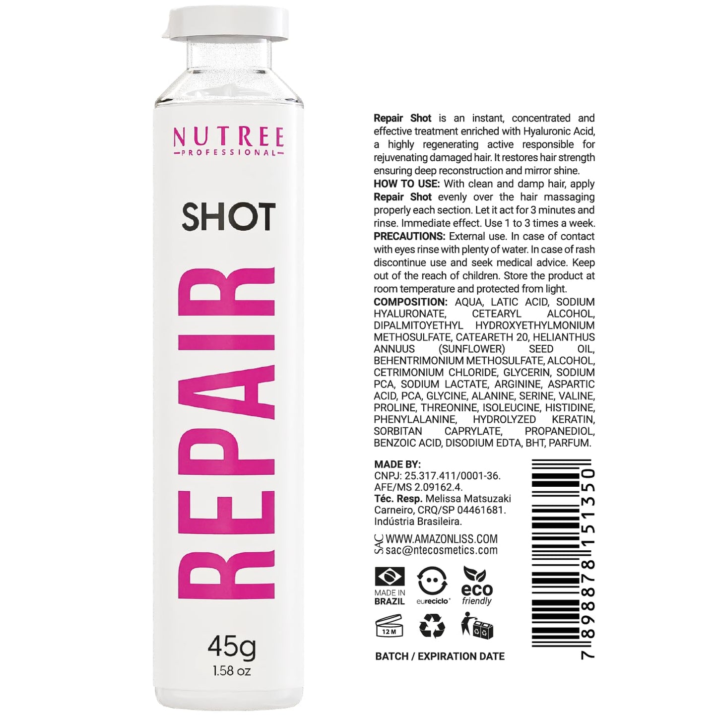 Nutree Professional Keratin Hair Treatment Repair Shot – Ultra Concentrated 1.58 oz with Keratin & Hyaluronic Acid