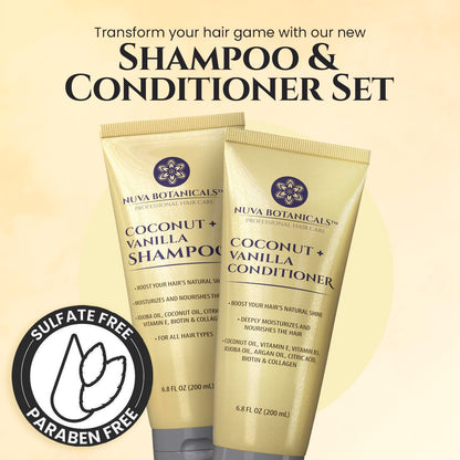 Nuva Botanicals Coconut Shampoo & Conditioner – Vanilla Scent, Biotin & Collagen, Hydrating Set (6.8 oz each)