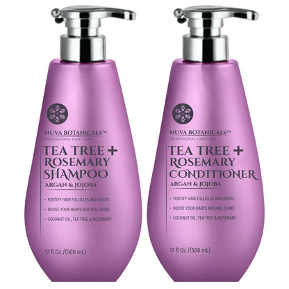 Nuva Botanicals Tea Tree & Rosemary Shampoo & Conditioner Set for Women – Natural Hair Growth Shampoo with Mint & Coconut Oil (17 Fl Oz)