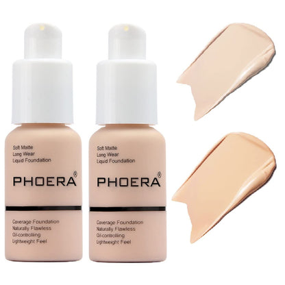 PHOERA Soft Matte Foundation 2-Pack by nvyue – 24HR Oil Control, Full Coverage (Porcelain 101 + Nude 102)