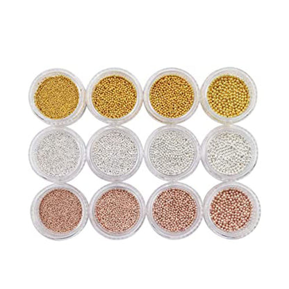 NW Mesiyun Nail Art Beads Kit – Gold, Silver & Rose Gold 1.0mm (12 Pots)