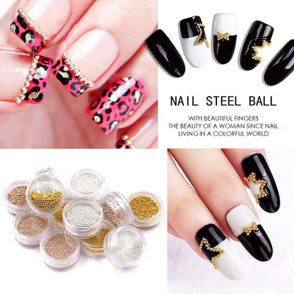 NW Mesiyun Nail Art Beads Kit – Gold, Silver & Rose Gold 1.0mm (12 Pots)