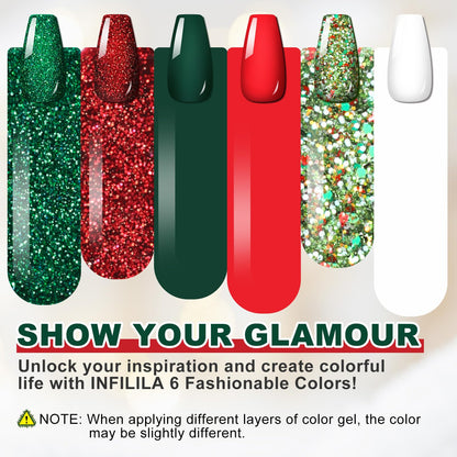 NXJ INFILILA Christmas Gel Nail Polish Set – 6 Colors (Sparkle Green, Sparkle Red, Red, Green, White, Mixed Glitter)