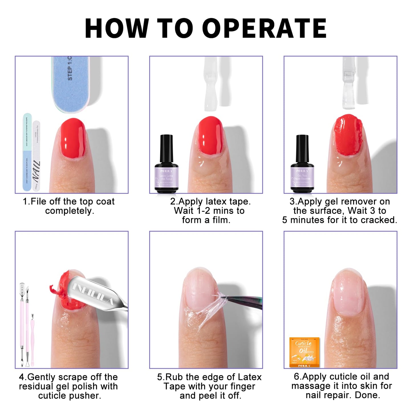 NXJ INFILILA Gel Nail Polish Remover Kit – 5-in-1, Acetone-Free, No Soak, Liquid Latex Barrier