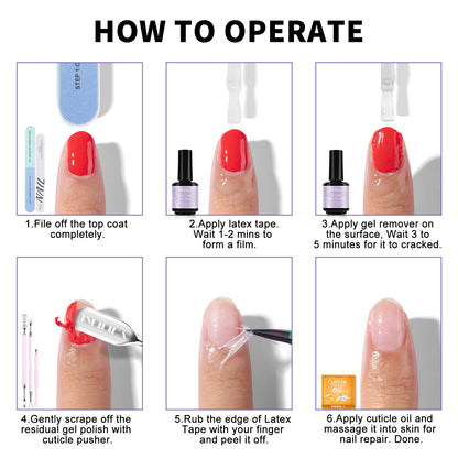 NXJ INFILILA Gel Nail Polish Remover Kit – 5-in-1, Acetone-Free, No Soak, Liquid Latex Barrier