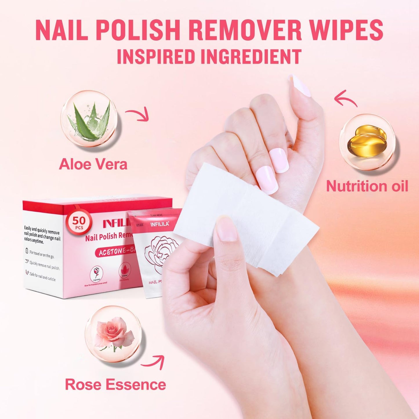 NXJ INFILILA Nail Polish Remover Pads – Jumbo 50-Piece Quick, Travel-Friendly Wipes for Home or Salon