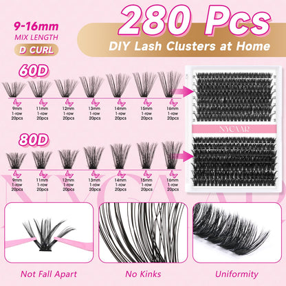 NYCAAR DIY Lash Extension Kit 280Pcs – 60D/80D Clusters, 0.07D Curl, 9–16mm Mix, Glue & Remover