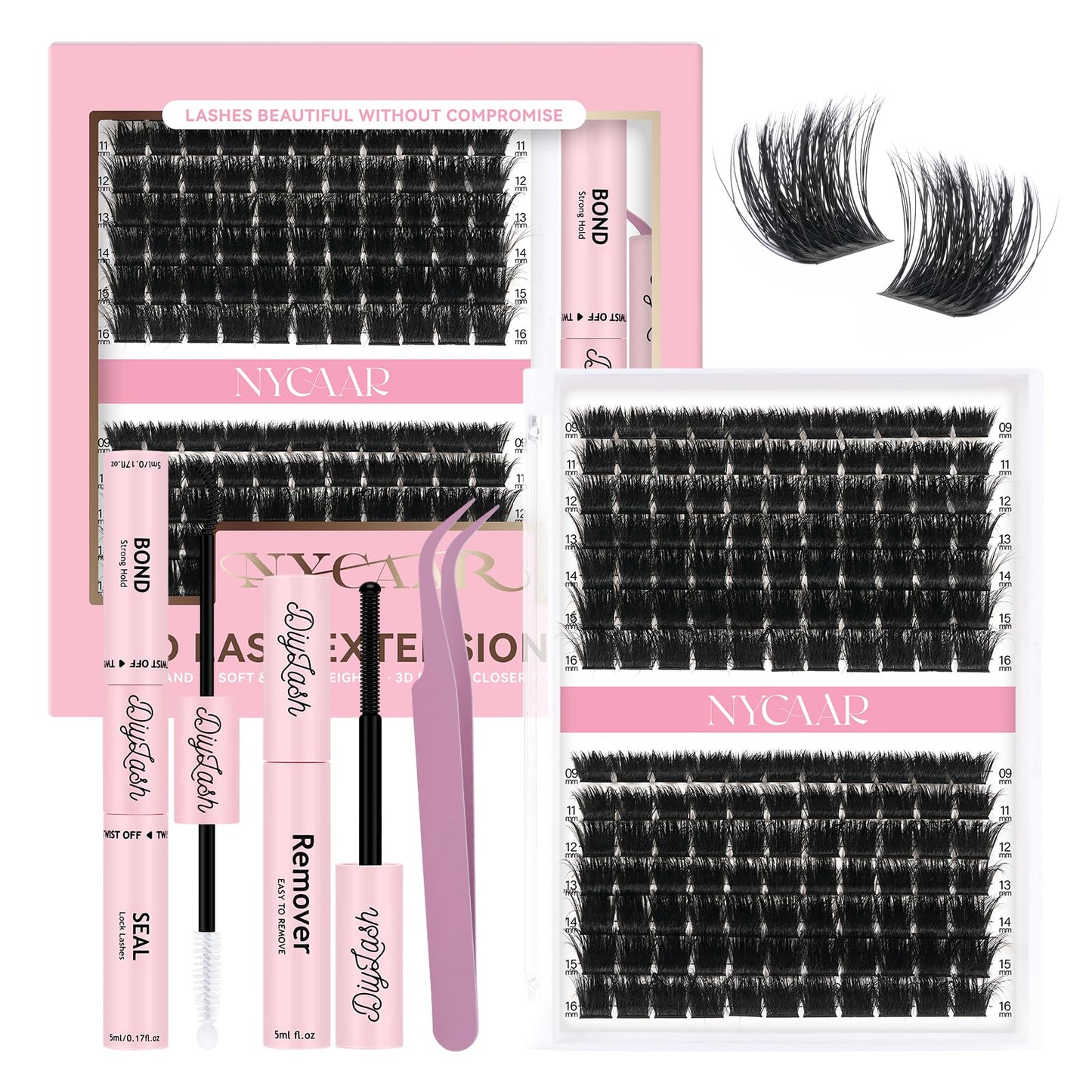 NYCAAR Lash Clusters 3D Effect Kit – 154pcs 200D D-Curl, 9-16mm Mix, DIY Lashes with Glue & Remover