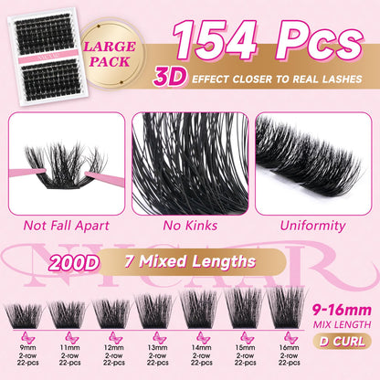 NYCAAR Lash Clusters 3D Effect Kit – 154pcs 200D D-Curl, 9-16mm Mix, DIY Lashes with Glue & Remover