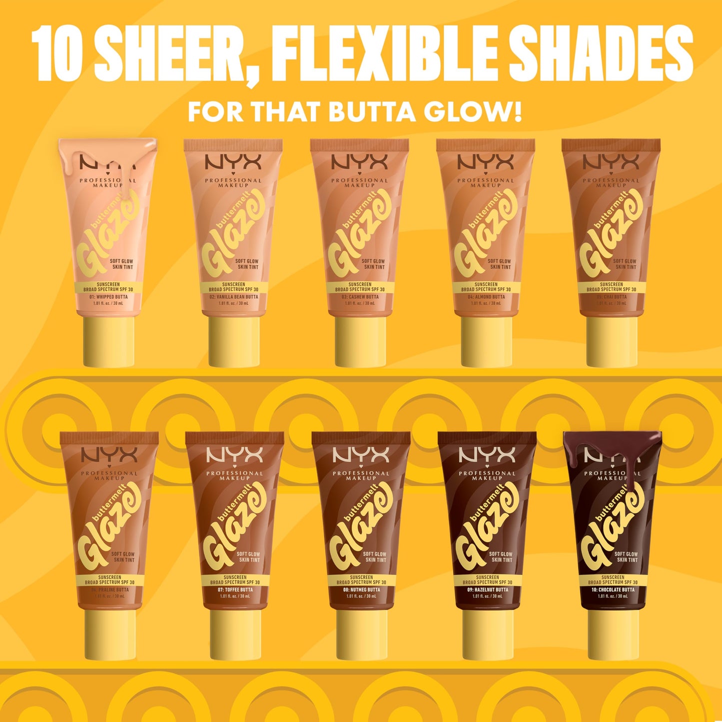 NYX PROFESSIONAL MAKEUP Buttermelt Glaze SPF 30 Skin Tint – 12HR Wear (Praline Butta)