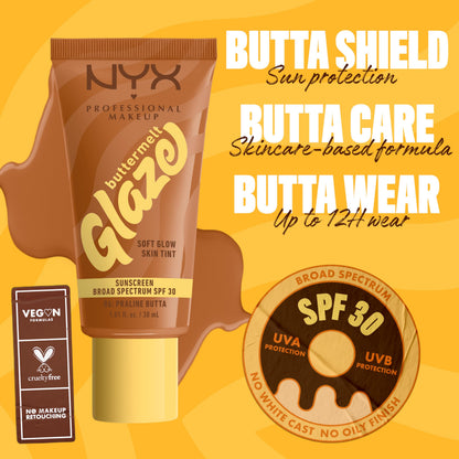 NYX PROFESSIONAL MAKEUP Buttermelt Glaze SPF 30 Skin Tint – 12HR Wear (Praline Butta)