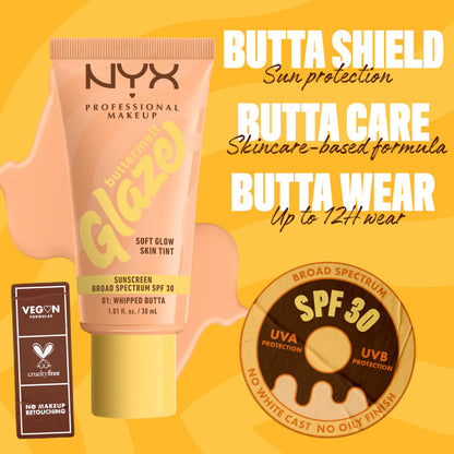 NYX PROFESSIONAL MAKEUP Buttermelt Glaze Soft Glow Skin Tint SPF 30 | 12HR Wear, 01 Whipped Butta