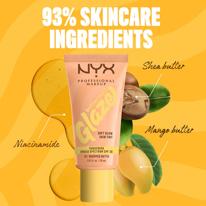 NYX PROFESSIONAL MAKEUP Buttermelt Glaze Soft Glow Skin Tint SPF 30 | 12HR Wear, 01 Whipped Butta