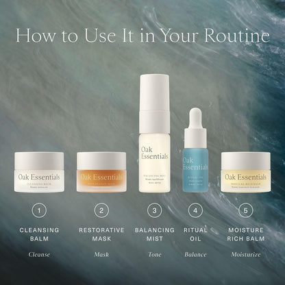 Oak Essentials Mini Routine – Travel-Size Clean Skincare Set (Cleanser, Mask, Balm, Oil & Toner)