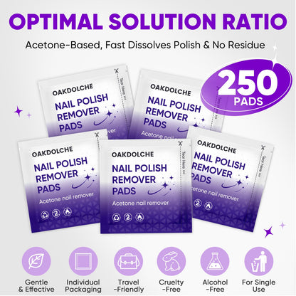 OAKDOLCHE 250-Pack Nail Polish Remover Pads – Individually Wrapped, Travel-Friendly, Quick Gel & Regular Removals