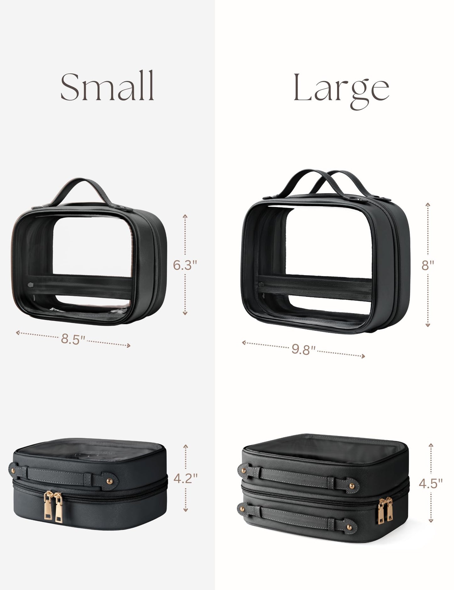 Oaque Clear Cosmetic Bag - Double Layer Travel Toiletry Case with 4 Compartments (Small, Black)