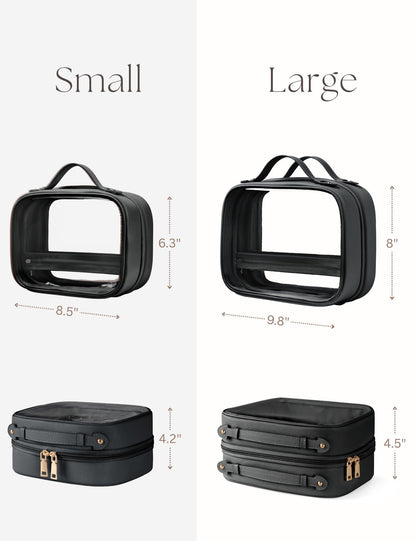 Oaque Clear Cosmetic Bag - Double Layer Travel Toiletry Case with 4 Compartments (Small, Black)