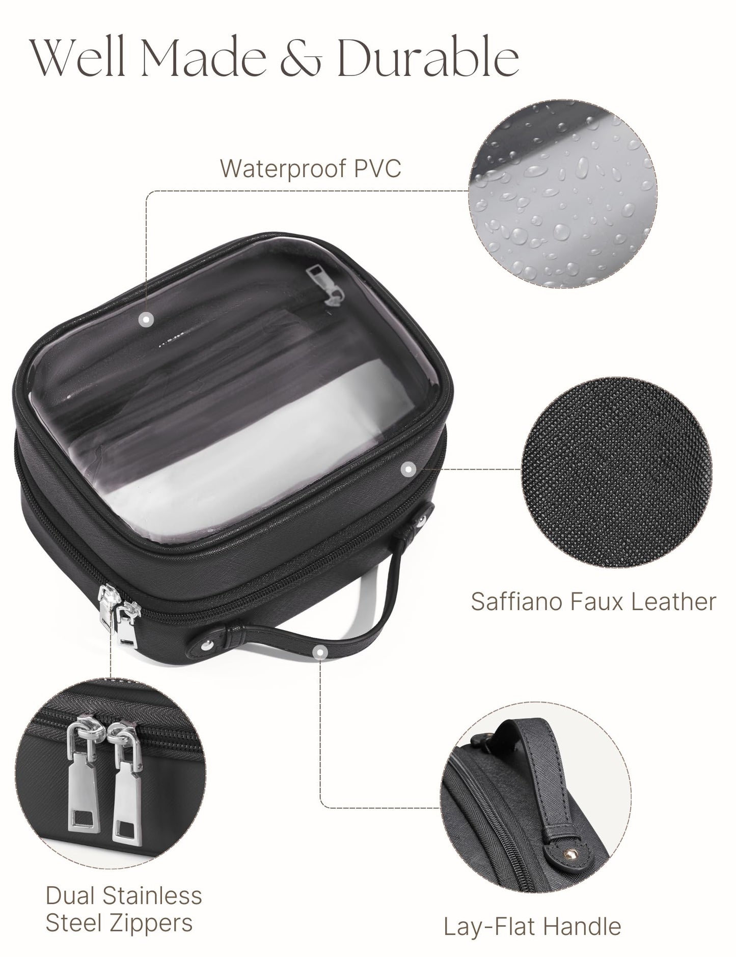 Oaque Clear Cosmetic Bag - Double Layer Travel Toiletry Case with 4 Compartments (Small, Black)
