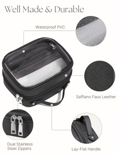 Oaque Clear Cosmetic Bag - Double Layer Travel Toiletry Case with 4 Compartments (Small, Black)