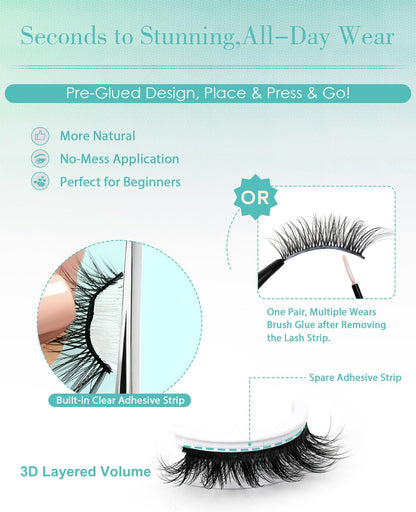 Obeyalash Self Adhesive Eyelashes Cat Eye M877 – 5 Pairs, Waterproof, Glueless with Tweezers