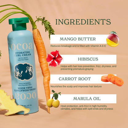 OCOA Beauty Hydrating Curl Cream with Hibiscus, Mango Butter & Marula Oil – Curl Defining Cream for Curly & Wavy Hair (8oz)