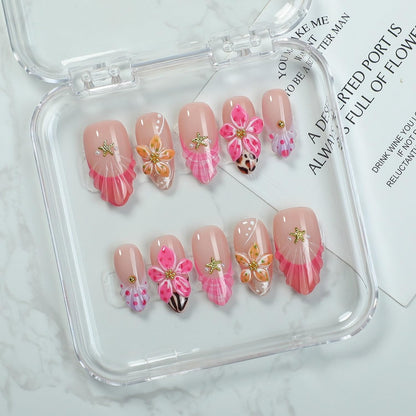 OCOUYVD Handmade Press-On Nails – French Tip Almond, 3D Flower & Starfish (Size M)
