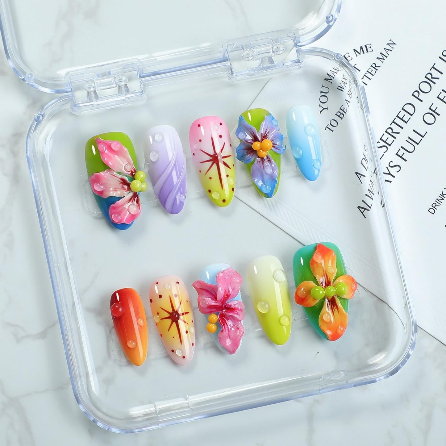 OCOUYVD Handmade Press On Nails Medium Almond – 3D Flower Design, Thick Acrylic & Gel