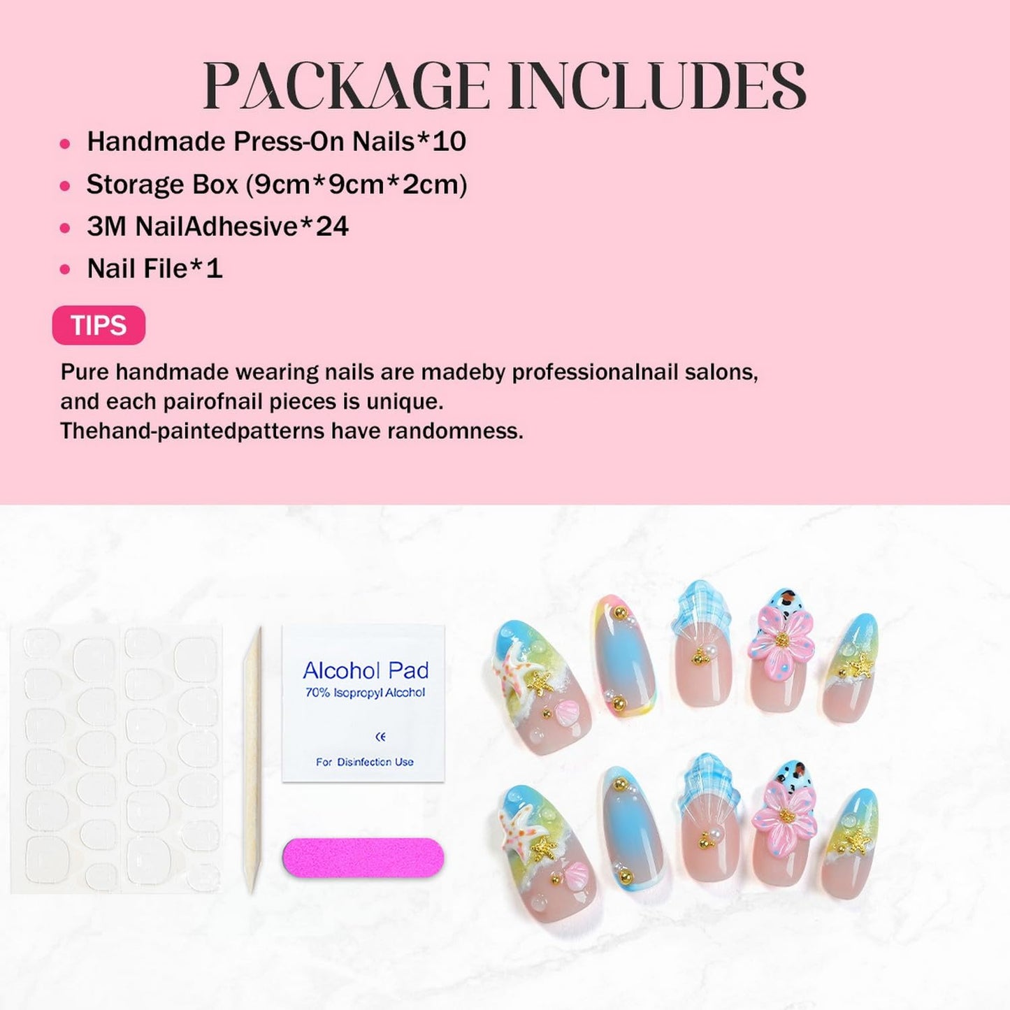 OCOUYVD Handmade Press On Nails – Summer Beach 3D Seashell & Starfish Design (Size M)