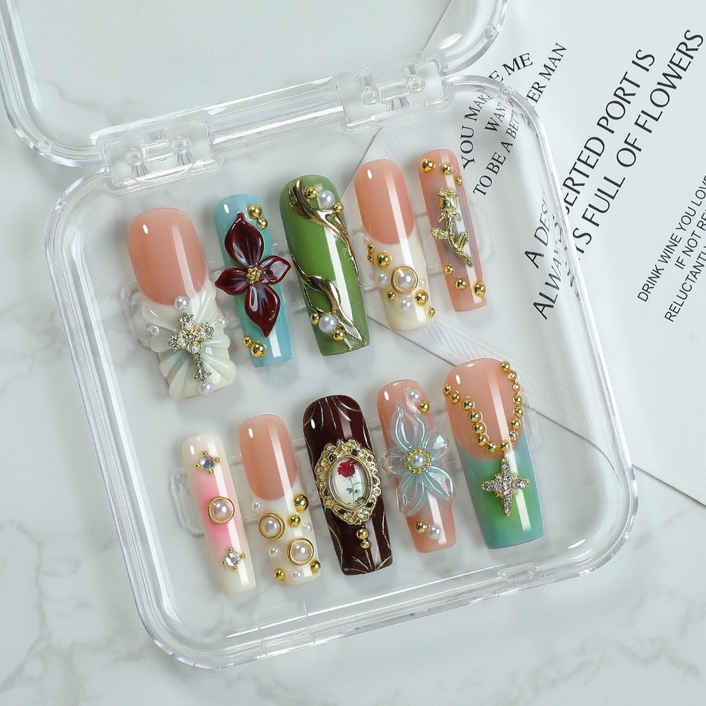 OCOUYVD Handmade Press On Nails – Long Square with Pearl Rhinestones & 3D Flower Art (Size M)