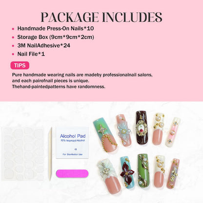 OCOUYVD Handmade Press On Nails – Long Square with Pearl Rhinestones & 3D Flower Art (Size M)