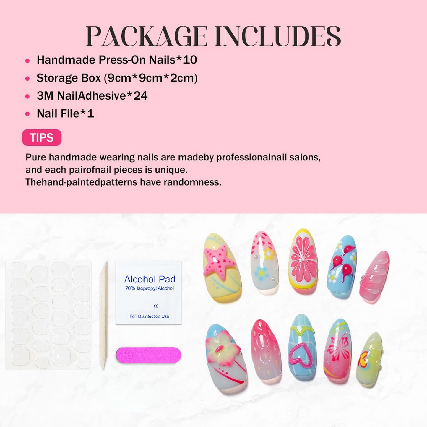 OCOUYVD Handmade Press On Nails Medium Almond – 3D Flower Design, Thick Acrylic & Gel