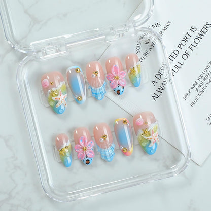 OCOUYVD Handmade Press On Nails – Summer Beach 3D Seashell & Starfish Design (Size M)