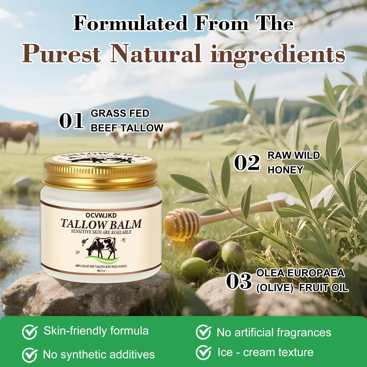 OCVWJKD Beef Tallow & Honey Balm – 3-Pack All-Natural Skin Moisturizer for Face & Body | Grass-Fed Tallow & Raw Honey Blend | 6 Oz