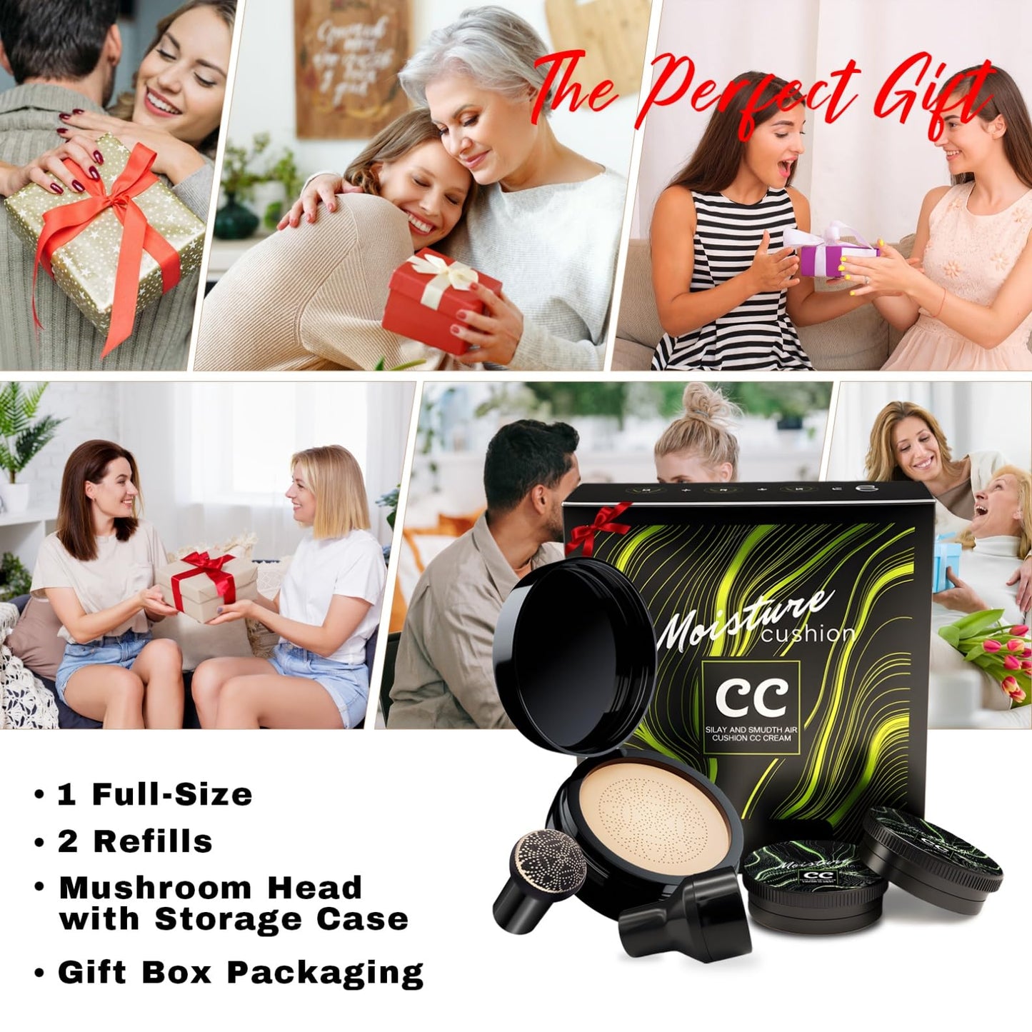 OETUIOW Mushroom Head Air Cushion CC Cream Gift Set – 1 Full-Size Foundation + 2 Refills & Puff (Natural)