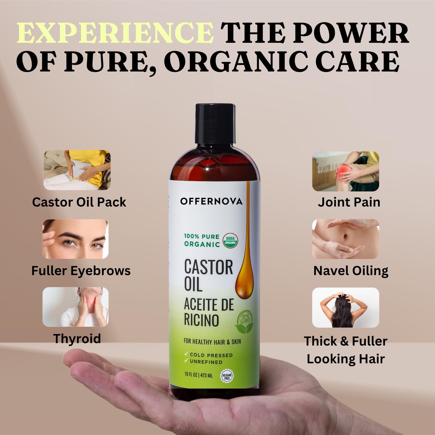 Offernova Castor Oil 16oz – Cold-Pressed, 100% Pure & Organic, Hexane-Free for Lashes, Brows, Hair & Beard