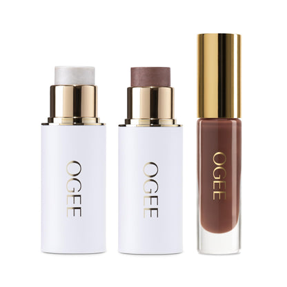 Ogee Night Out Trio - Limited Edition Holiday Gift Set: Copper Face Stick, Opal Face Stick & Foxglove Lip Gloss - Certified Organic