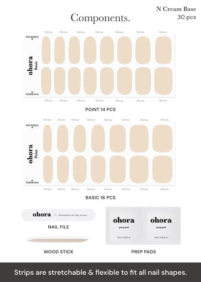 ohora Semi Cured Gel Nail Strips (N Cream Base) – Nude, Salon-Quality, Long Lasting & Easy to Apply (Includes 2 Prep Pads, Nail File & Wooden Stick)