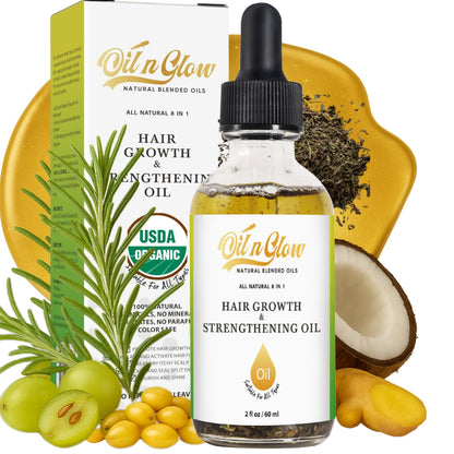 OilnGlow USDA Organic 9-in-1 Hair Growth Serum & Strengthening Oil – Rosemary, Castor, Jojoba, Ginger & Peppermint, 2 fl oz