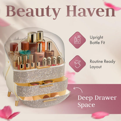 Oizeir Covered Makeup Countertop – Large Cosmetic Organizer with Clear Lid & Drawers