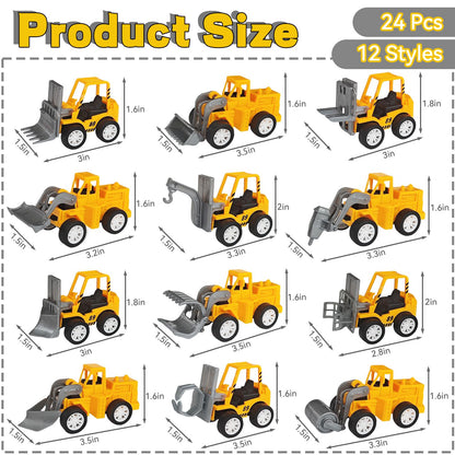 OJYUDD 24 Pcs Mini Construction Vehicles – Pull Back Engineering Toys for Parties