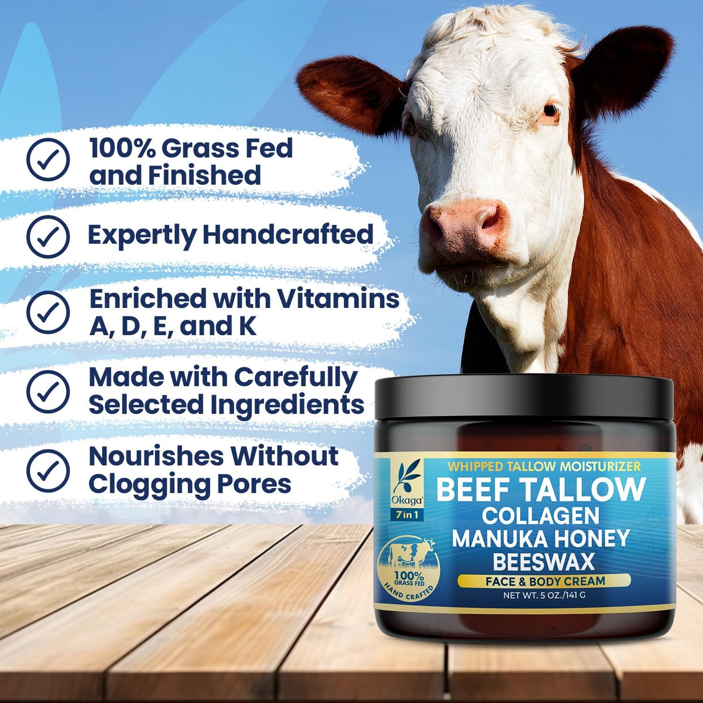 Okaga Organic Beef Tallow Balm 2 Pack – Grass-Fed Tallow with Manuka Honey & Aloe