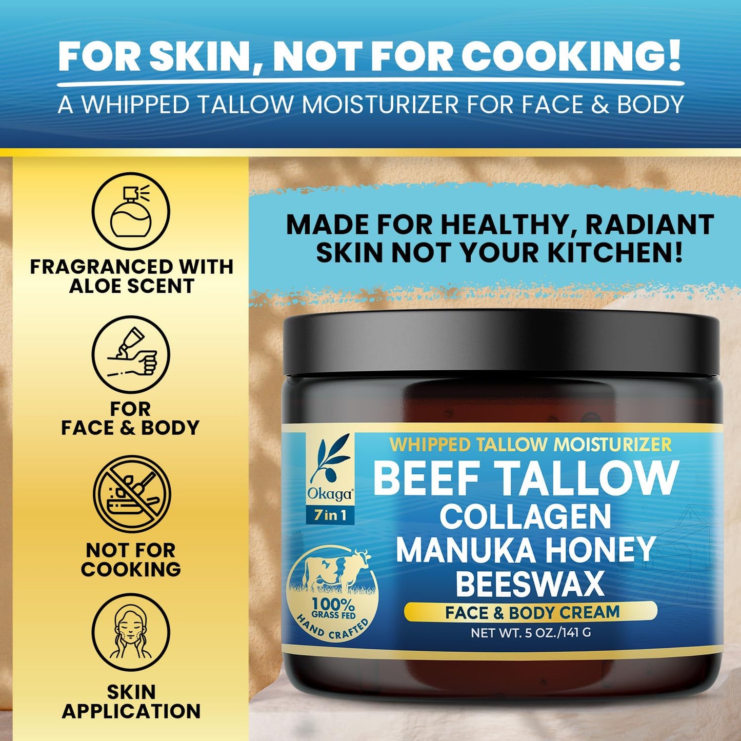Okaga Organic Beef Tallow Balm 3 Pack - Manuka Honey, Aloe & Collagen