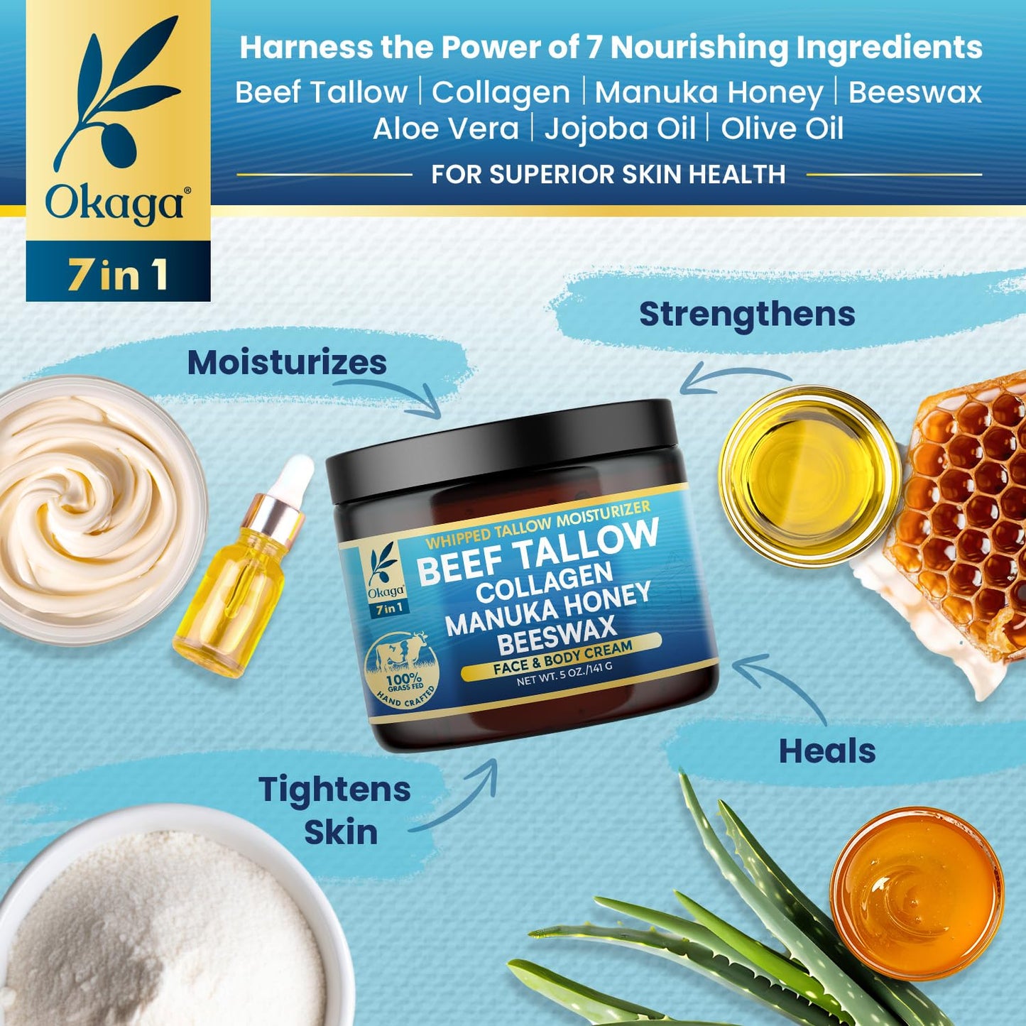 Okaga Organic Beef Tallow Balm – Grass-Fed, Manuka Honey & Aloe | 5oz