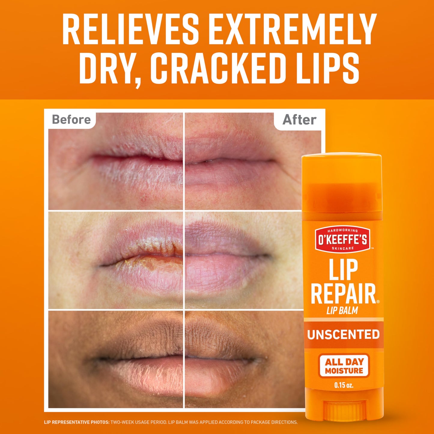 O'Keeffe's Lip Repair Unscented Lip Balm Stick – 6-Pack for Dry, Cracked Lips