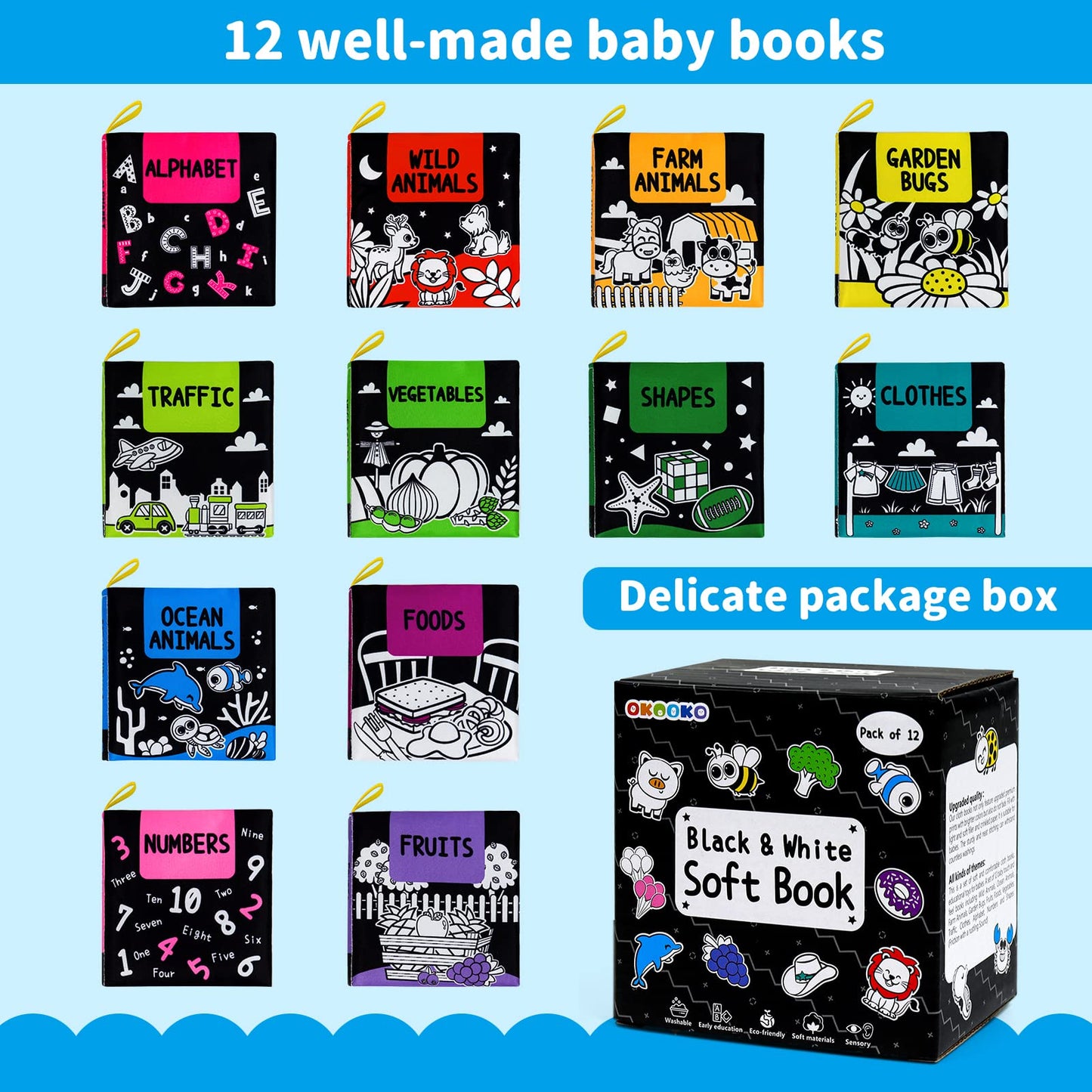 OKOOKO 12PCS High-Contrast Soft Baby Books – Washable Cloth Bath Books for Newborns, Infants, Toddlers