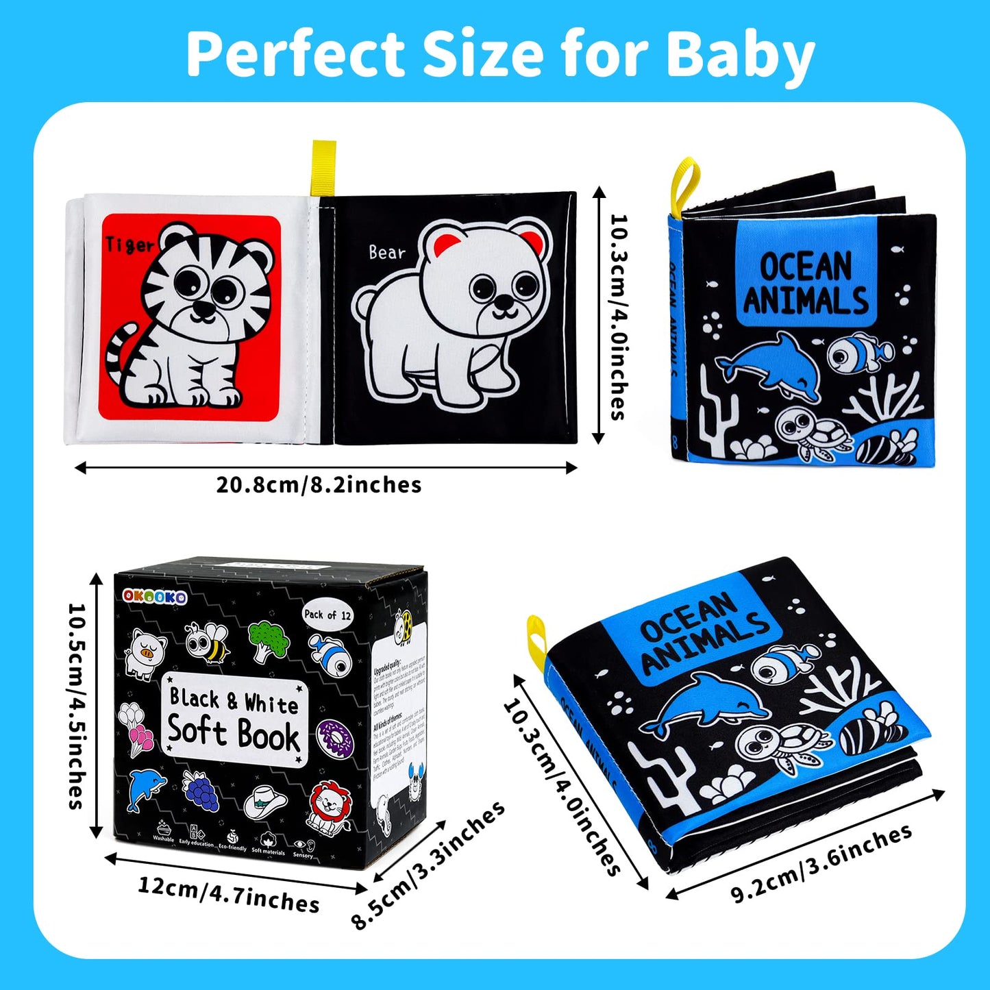 OKOOKO 12PCS High-Contrast Soft Baby Books – Washable Cloth Bath Books for Newborns, Infants, Toddlers