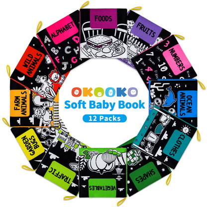 OKOOKO 12PCS High-Contrast Soft Baby Books – Washable Cloth Bath Books for Newborns, Infants, Toddlers