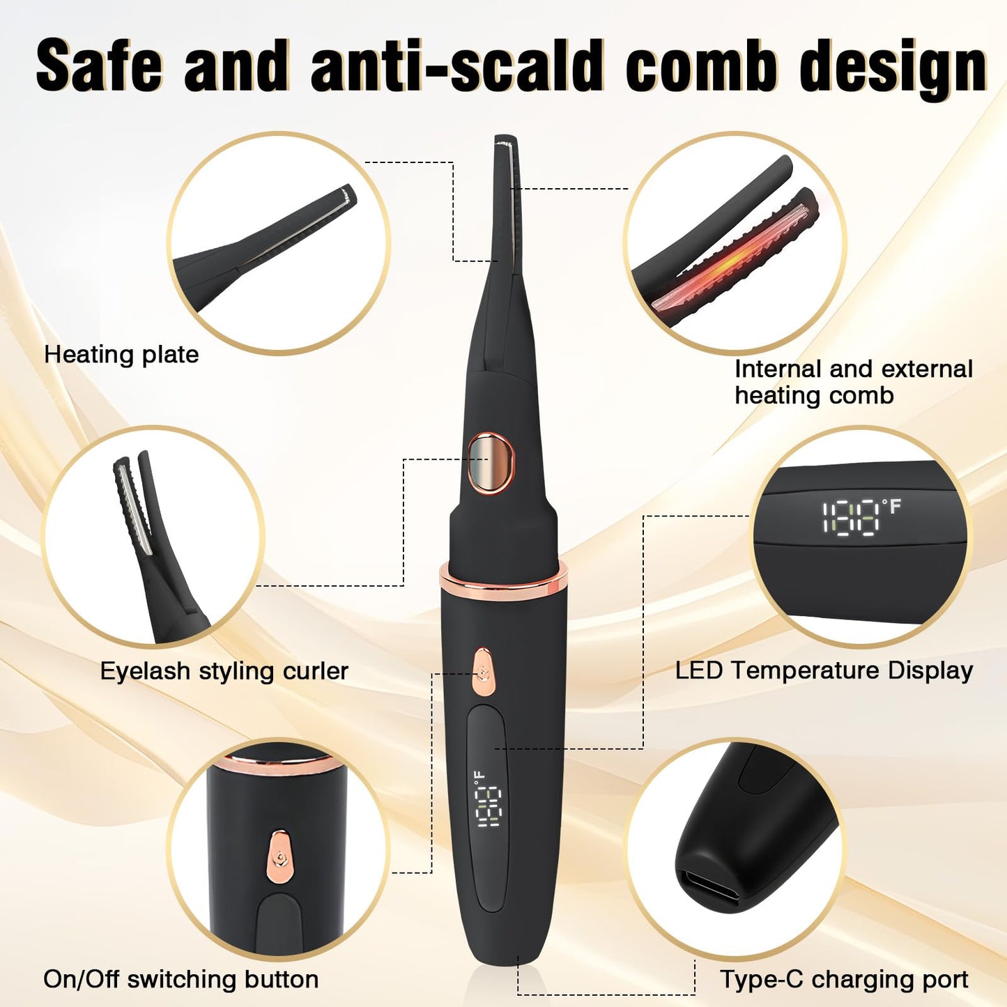 Olassubd USB-Rechargeable Heated Eyelash Curler with LED Display – 3 Temp Settings, Mini Portable Design